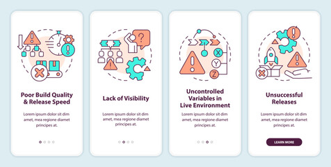 Common release management challenges onboarding mobile app screen. Walkthrough 4 steps editable graphic instructions with linear concepts. UI, UX, GUI template. Myriad Pro-Bold, Regular fonts used