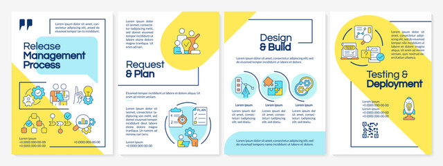 Software release management process blue and yellow brochure template. Leaflet design with linear icons. Editable 4 vector layouts for presentation, annual reports. Questrial, Lato-Regular fonts used