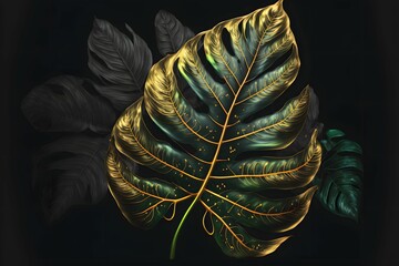 Fototapeta premium Realistic illustration of a bitropical leaves background with golden veins