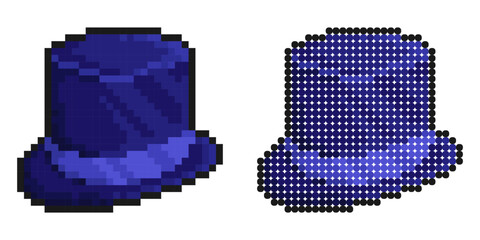 Pixel icon. Blue wizard hat high top hat of magician or illusionist. Simple retro game vector isolated on white background
