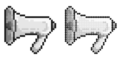 Pixel icon. Megaphone, cinema director loudspeaker. Speeches of speaker at rallies, strikes and meetings. Simple retro game vector isolated on white background