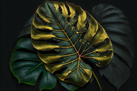 Realistic illustration of a bitropical leaves background with golden veins