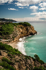 Nice cliff in the mediterranean sea near Sitges and Vilanova i la Geltru, spain. Long exposure...