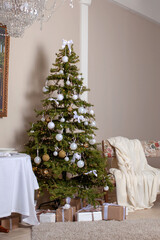 Christmas interior in retro style. Gifts under the tree for enjoy. 