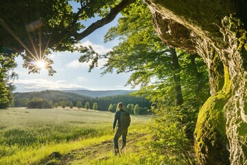 Scenery of a male hiker on a hiking trail under a huge tree in the lush field in the daylight