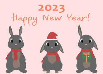 Cute greeting card Happy new 2023 year with three characters rabbits