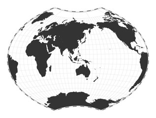 Vector world map. Ginzburg VI projection. Plan world geographical map with latitude/longitude lines. Centered to 120deg W longitude. Vector illustration.