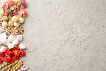 Valentine's Day concept. Top view photo of heart shaped sweets candies and cookies on concrete...