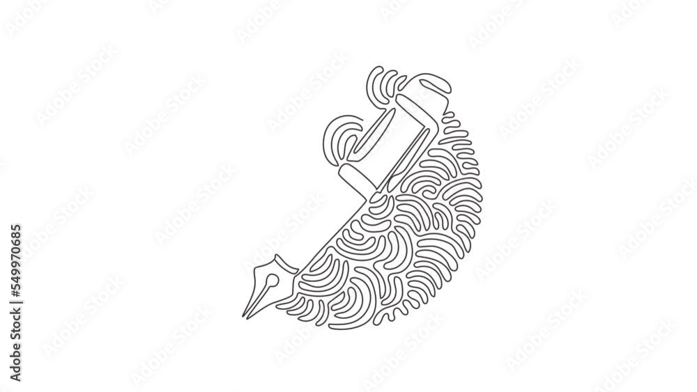 Poster animated self drawing of continuous one line draw pen, write icon. line and glyph version, signature
