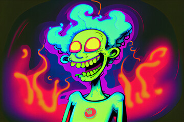 Crazy smiling, zombie looking  cartoon character with big yellow eyes. Flames on the background.