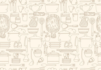 Seamless pattern with kitchen utensils on beige background