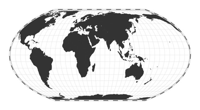 Vector world map. Wagner IV projection. Plan world geographical map with latitude/longitude lines. Centered to 60deg W longitude. Vector illustration.