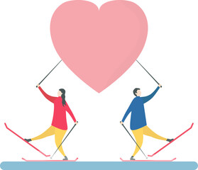 Romantic adults couple play ski. Character design of people in winter season. Illustration in flat style.