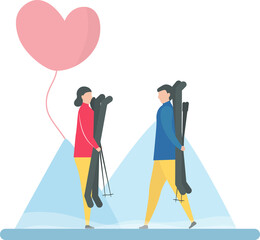 Couple of love play ski in winter season. Character design of people. Illustration in flat style.