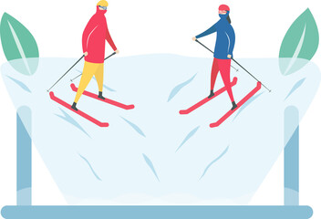 Romantic adults couple play ski. Character design of people in winter season. Illustration in flat style.