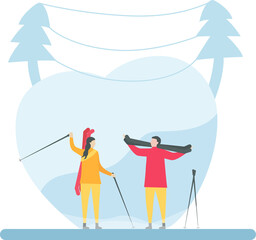 Romantic adults couple play ski. Character design of people in winter season. Illustration in flat style.