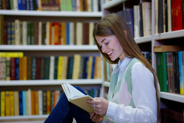 Woman reading funny book in library and laughing