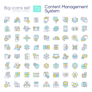 Content management system RGB color icons set. Website optimization. Isolated vector illustrations. Simple filled line drawings collection. Editable stroke. Quicksand-Light font used