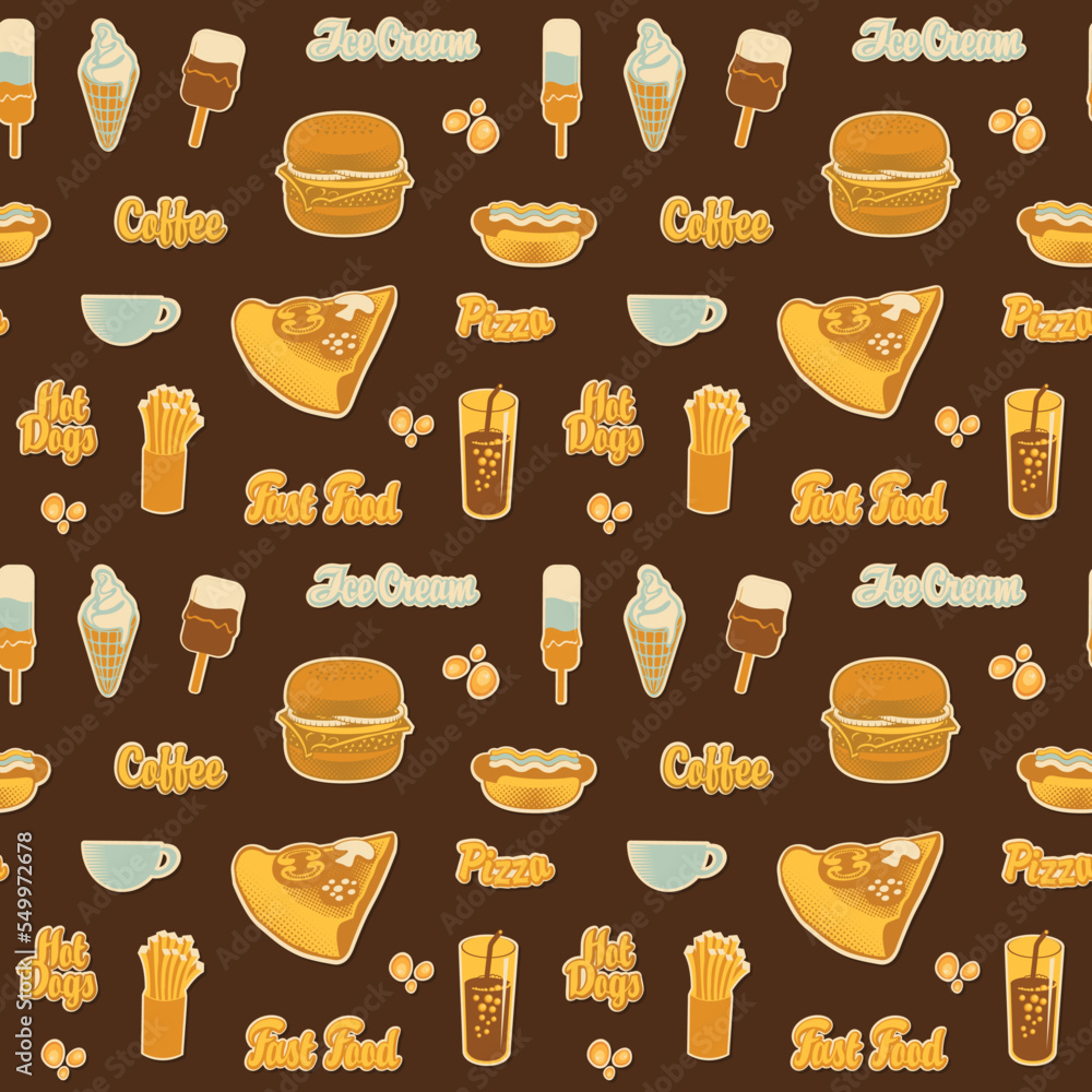 Poster seamless pattern with drawings and inscriptions in retro style. vector cartoon background on the the