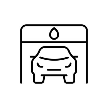 Car wash line icon. 24 to 7, rag, sponge, detergent, garage, karcher, cleanliness, salon, vacuum cleaner. Service station concept. Vector black line icon on a white background