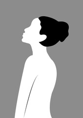 Silhouette profile image of female avatar for social networks. Fashion and beauty. Black white vector flat illustration.