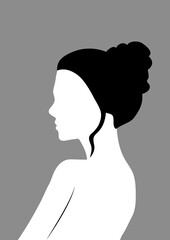 Silhouette profile image of female avatar for social networks. Fashion and beauty. Black white vector flat illustration.