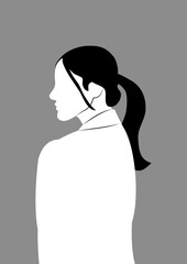 Silhouette profile image of female avatar for social networks. Fashion and beauty. Black white vector flat illustration.