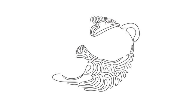 Continuous one line drawing teapot for tea drinking pours hot water into cup. Breakfast utensils. Black and white. Swirl curl circle background style. Single line design vector graphic illustration