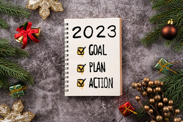 Christmas and New year of 2023 goals, plan and action design concept.