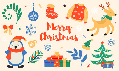 Set of cute Christmas illustrations. Beautiful background picture for design, stickers, packaging. illustration.