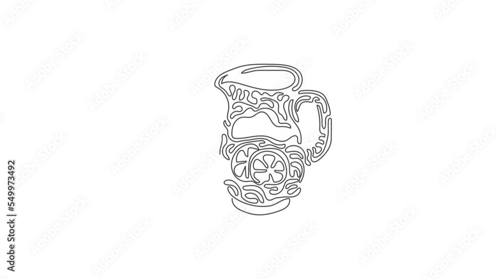 Poster animated self drawing of single continuous line draw lemonade in jug and glass. glass and pitcher wi