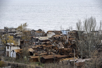 destroyed and burned houses in the city Russia Ukraine war