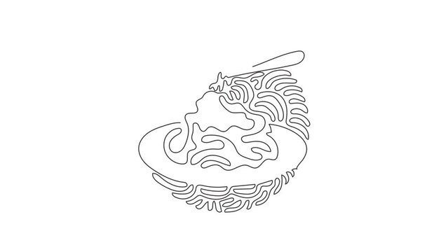 Animated self drawing of single continuous line draw spaghetti bolognese with fork on plate. Classic Italian pasta dish for lunch. Swirl curl circle background style. Full length one line animation