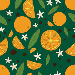 Seamless pattern with oranges. Green on background