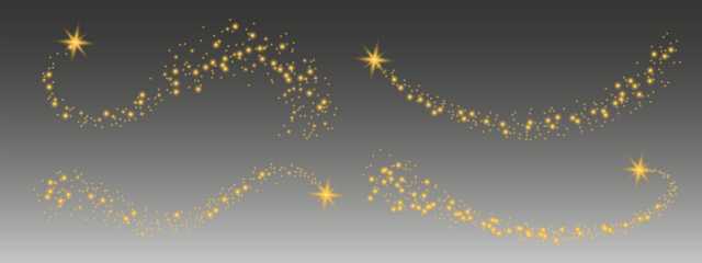 Glittering vector dust on a transparent background. Golden sparkling lights. Christmas Holiday glow particle. Magic star effect. Shine background. Festive party design. PNG image