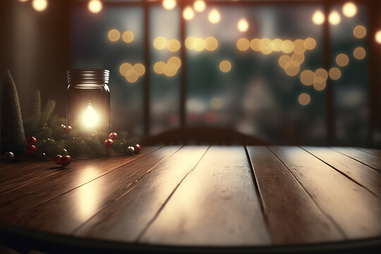 wooden table in a cafe or restaurant, empty scene with bokeh fairy lights background, cozy cafe