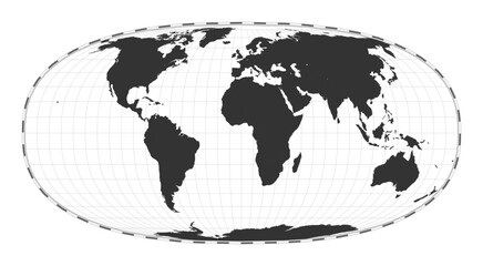 Vector world map. Waldo R. Tobler's hyperelliptical projection. Plan world geographical map with latitude/longitude lines. Centered to 0deg longitude. Vector illustration.