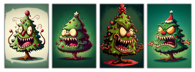 Set of caricatures of Christmas trees. Christmas trees with angry faces