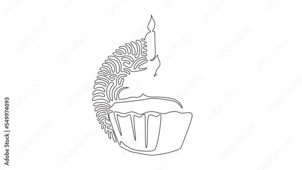 Poster self drawing animation of single one line draw yummy cupcake with candle. sweet tasty cake. deliciou
