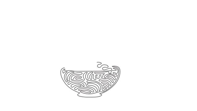 Self drawing animation of single line draw noodle in bowl. Asian ramen oriental, traditional Chinese restaurant with pasta and chopsticks. Swirl curl style. Continuous line draw. Full length animated