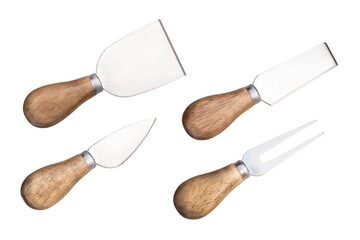 Cheese knives with wooden handles, fork, spatula. Shabby appearance. Top view isolated png