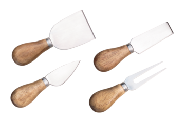 Cheese knives with wooden handles, fork, spatula. Shabby appearance. Top view isolated png