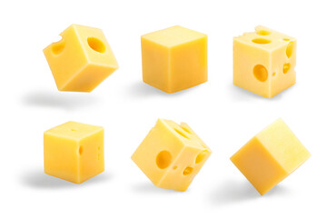 Set of holey, plain, steady and tippy cheese cubes isolated png