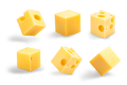Set of holey, plain, steady and tippy cheese cubes isolated png