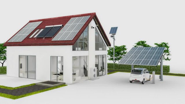 Versorgung mit erneuerbarer Energie an einem Einfamilienhaus mit Carport - 3D Camera-Animation