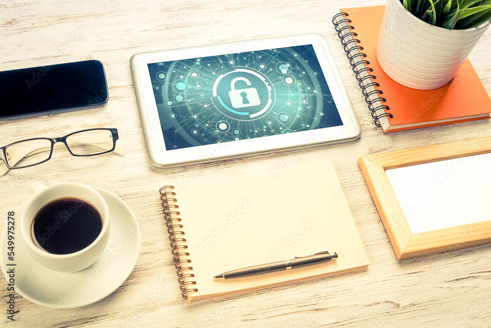Poster web security and technology concept with tablet pc on wooden table