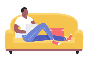 Freelance, online education concept. Young african american black man resting with laptop on the sofa at home