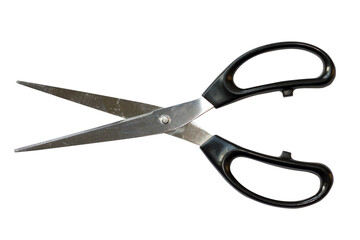 
A pair of scissors with black plastic handles on a transparent background