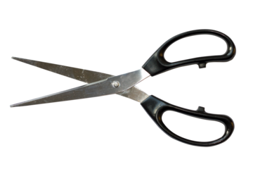 
A pair of scissors with black plastic handles on a transparent background