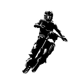 Motocross racing, motocross racer jumping on a motorcycle, isolated vector silhouette, front view. Ink drawing, freestyle motocross